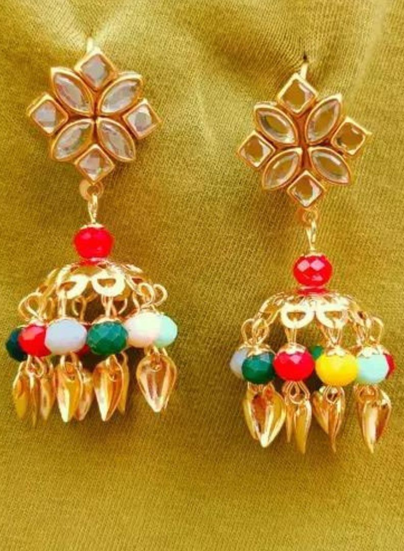 Punjabi Multi Color Gold Plated Brass Jhumkas - Image 2