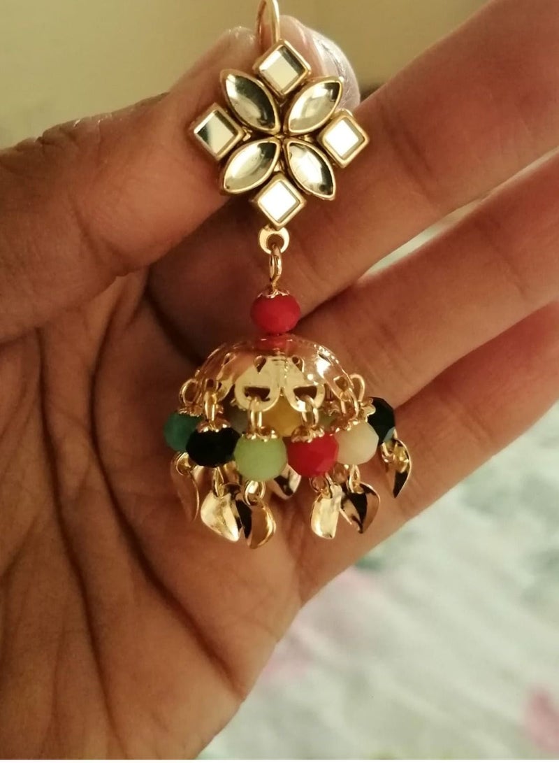 Punjabi Multi Color Gold Plated Brass Jhumkas - Image 4