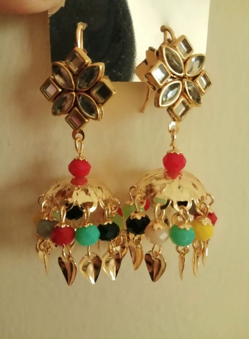 Punjabi Multi Color Gold Plated Brass Jhumkas - Image 3