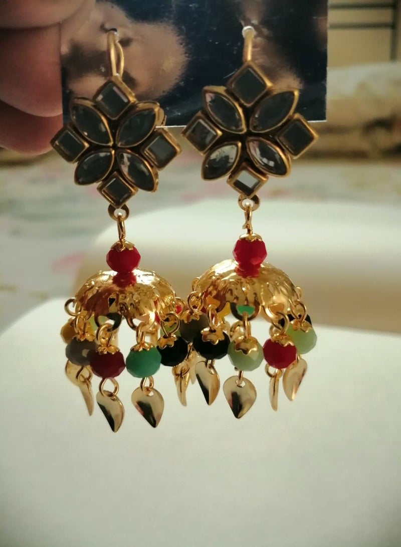 Punjabi Multi Color Gold Plated Brass Jhumkas - Image 5