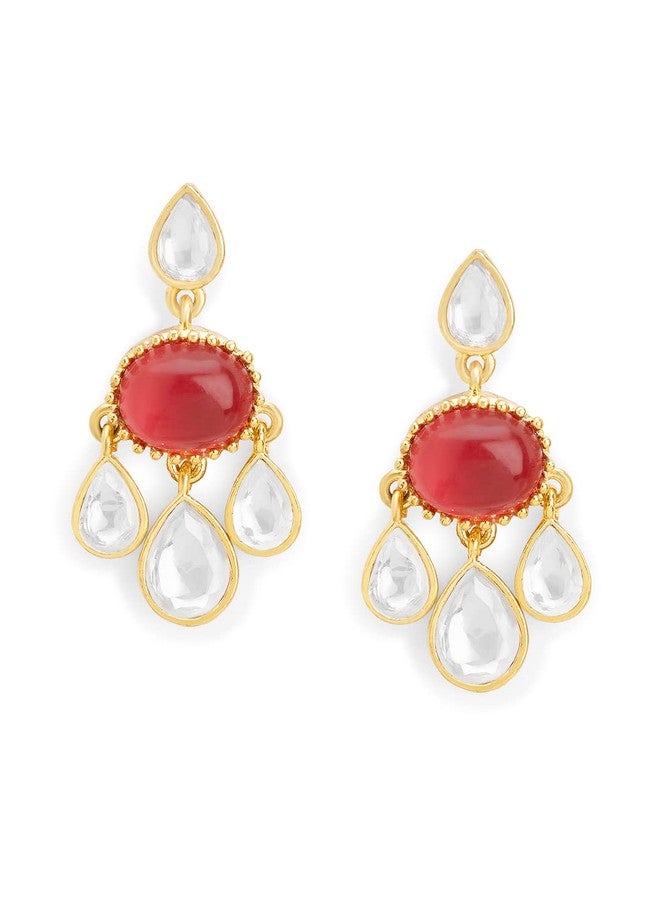 مينوتيا أقراط مينوتيا التقليدية المتدلية من أحجار كوندان الحمراء والبيضاء الأنيقة للنساء | مجوهرات عصرية للنساء والفتيات (ذهبي) - Image 1