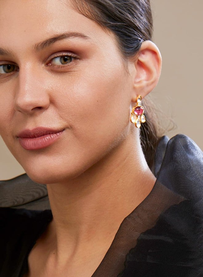 مينوتيا أقراط مينوتيا التقليدية المتدلية من أحجار كوندان الحمراء والبيضاء الأنيقة للنساء | مجوهرات عصرية للنساء والفتيات (ذهبي) - Image 3