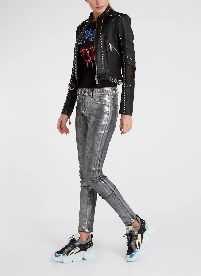 PHILIPP PLEIN Black Studded Leather Moto Jacket