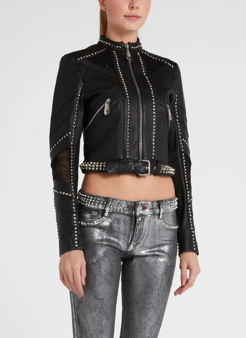PHILIPP PLEIN Black Studded Leather Moto Jacket