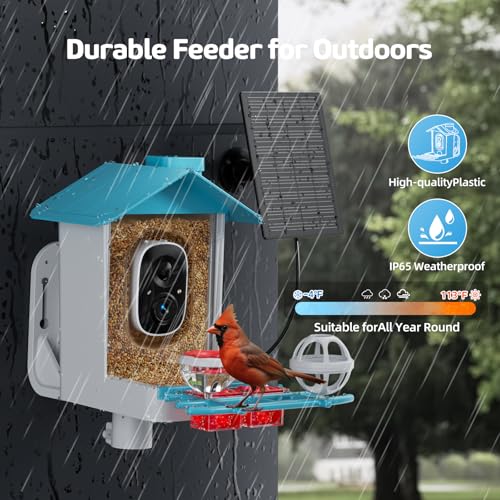 GAOYITK Bird Feeder with Camera 2K HD AI Smart Identify BirdSpecies Solar Panel Outdoors Birdhouse with Cam, Instant Arrival Alerts, Capture BirdVideo, Gifts for Mom Dad - Image 5