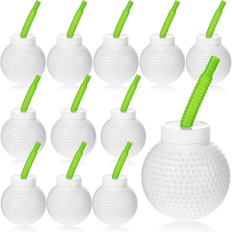Sawysine 12 Set Golf Ball Cups with Straws and Lids - 10 oz Reusable Golf Plastic Cups Bulk for Kids Birthday Theme Party Supplies - Image 1