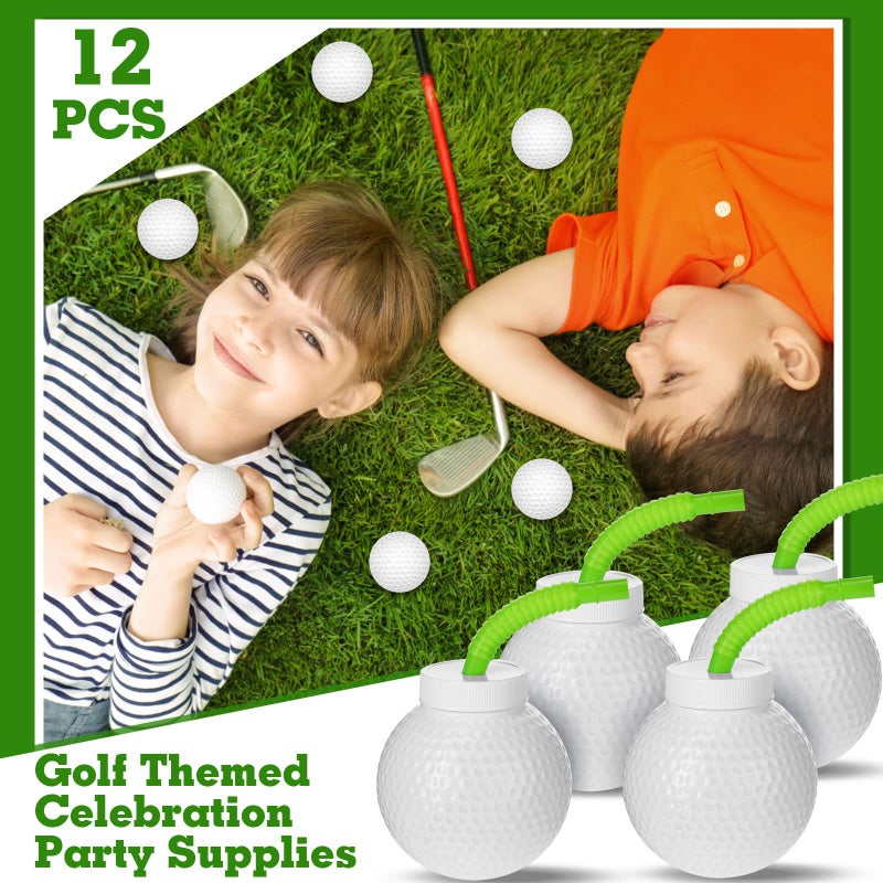 Sawysine 12 Set Golf Ball Cups with Straws and Lids - 10 oz Reusable Golf Plastic Cups Bulk for Kids Birthday Theme Party Supplies - Image 4