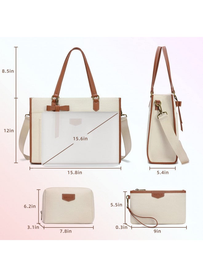 Keyli Keyli Laptop Tote Bag Canvas Laptop Bag for Women 15.6 inch Casual Work Shoulder Bags Large Capacity Professional Business Office Computer Bag Briefcase Handbag Purses for Travel, Office, School Brown  - Image 2