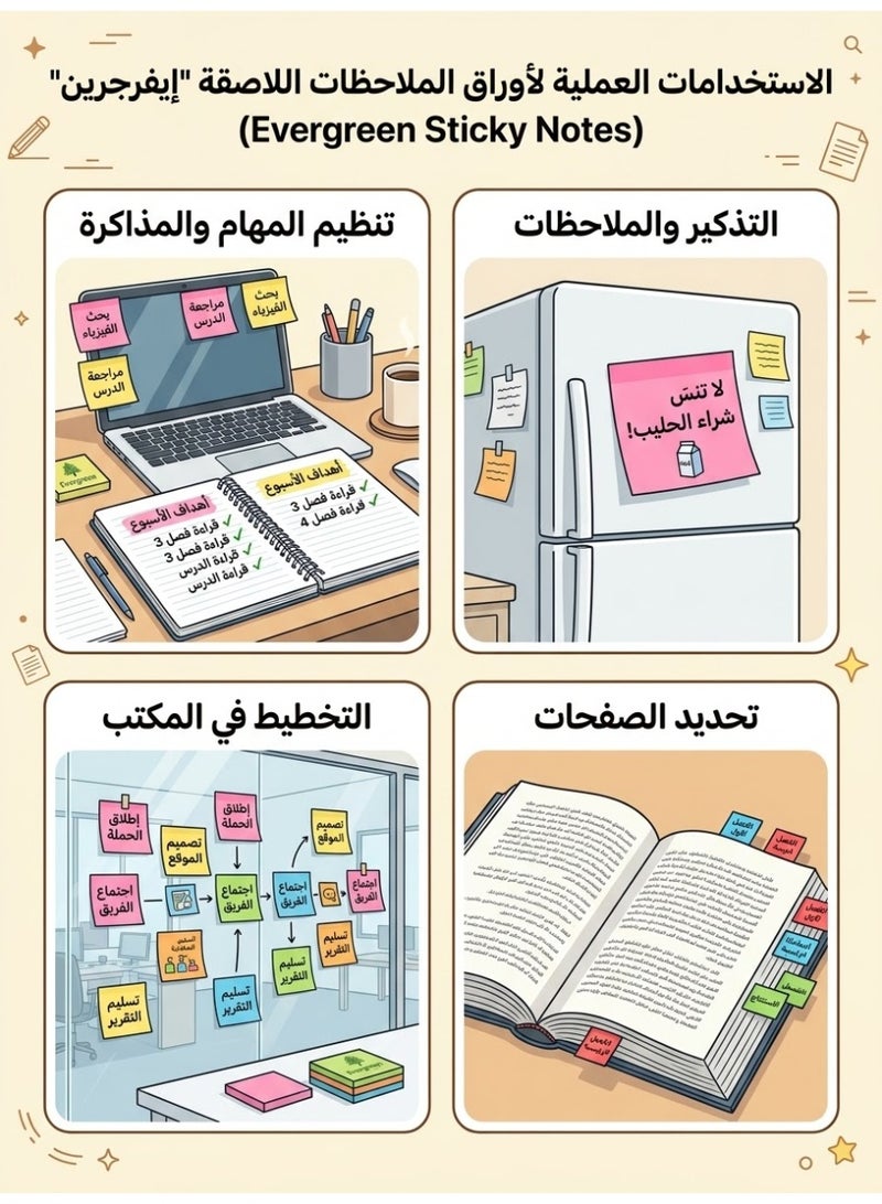 أوراق ملاحظات لاصقة مكعب ملون من إيفرجرين (101×76 مم) - طقم 100 ورقة لتنظيم الملاحظات والمذاكرة - Image 2