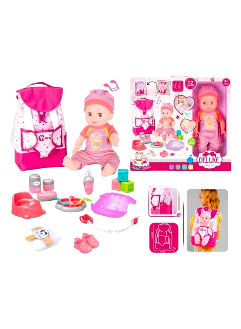 Toy Box Cute Baby Doll Play Set with 12 Sounds Accessories & Backpack For Kids 