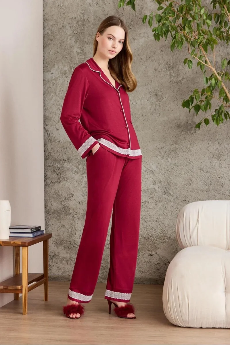pierre cardin 2200 Women's Long Sleeve Shirt Pajama Set-Burgundy