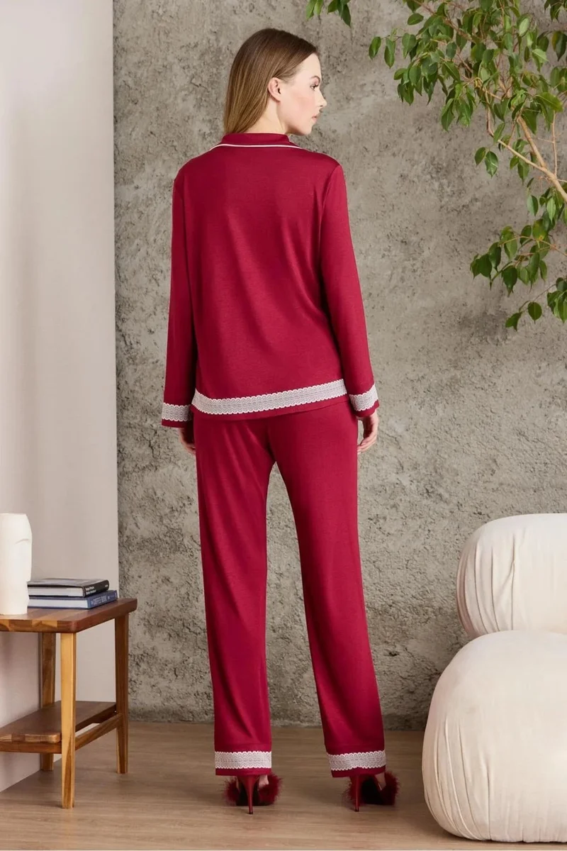 pierre cardin 2200 Women's Long Sleeve Shirt Pajama Set-Burgundy