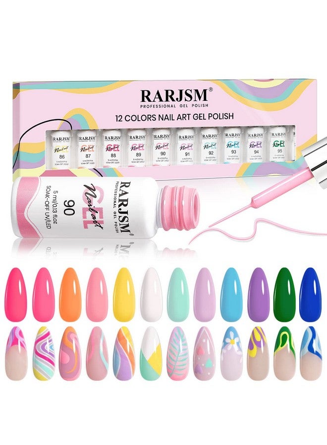 RARJSM Gel Liner Nail Art Polish Set12 Colors Candy Pastel Painting Gel Spring Summer Line Art Gel Built In Thin Skinny Nail Art Brush Soak Off Curing Needed 5Ml For Home Salon Nail Design - Image 1