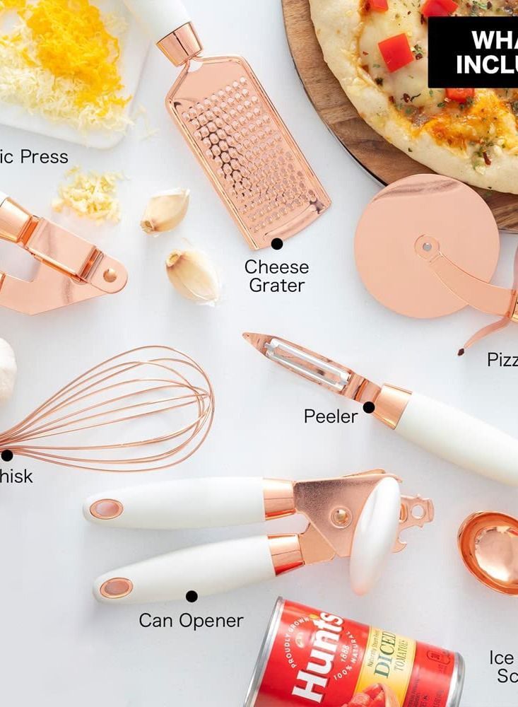 7 PCS Kitchen Gadget Set Copper Coated Stainless Steel Utensils with Soft Touch White Handles, Cooking Tools Including Garlic Press, Whisk, Ice Cream Scoop, Can Opener, Peeler, Scraper, Pizza Knife - Image 2