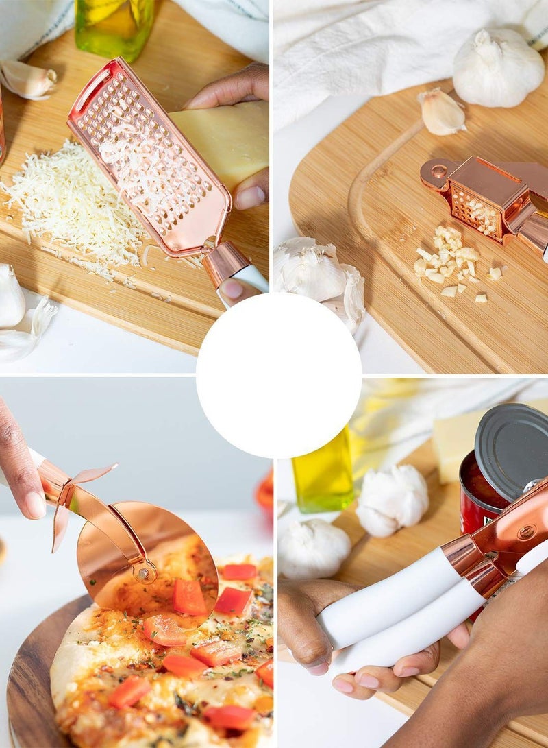 7 PCS Kitchen Gadget Set Copper Coated Stainless Steel Utensils with Soft Touch White Handles, Cooking Tools Including Garlic Press, Whisk, Ice Cream Scoop, Can Opener, Peeler, Scraper, Pizza Knife - Image 4