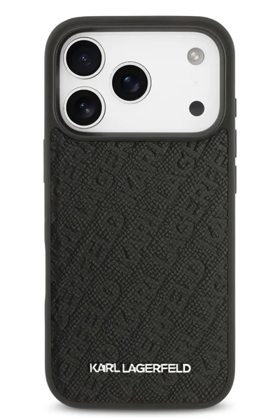 كارل لاغرفيلد غطاء iPhone 17 Pro / جراب MagSafe المصنوع من جلد البولي يوريثان بالكامل مع حبيبات Karl / أسود