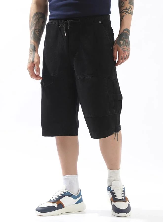 Hubberholme Men's Black 100% Cotton Solid Pattern Cropped Length Cargo Loose Fit Shorts