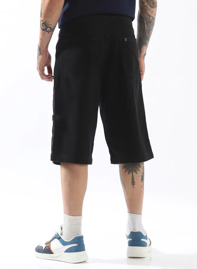 Hubberholme Men's Black 100% Cotton Solid Pattern Cropped Length Cargo Loose Fit Shorts