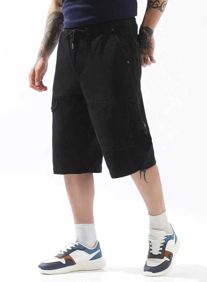 Hubberholme Men's Black 100% Cotton Solid Pattern Cropped Length Cargo Loose Fit Shorts