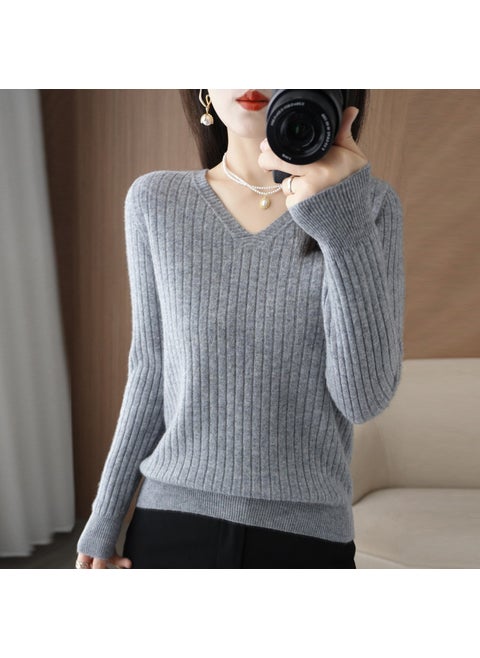 Spring 2025 Womens Wool-Blend Sweater V-Neck Solid Color Ribbed Pullover Base Knitted Top Smooths Your Silhouette Grey