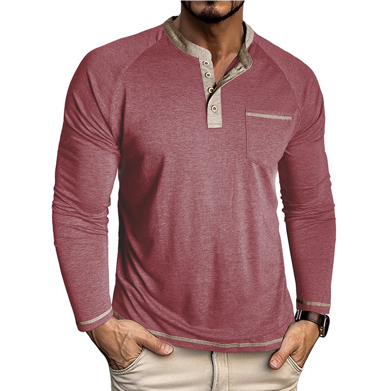 Cross-Border and Men''s Long-Sleeved Henley Shirt Autumn and Winter Men''s T-Shirt Export Top Button Bottoming Shirt - Image 1