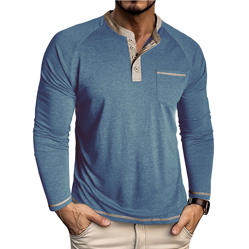 Cross-Border and Men''s Long-Sleeved Henley Shirt Autumn and Winter Men''s T-Shirt Export Top Button Bottoming Shirt - Image 2
