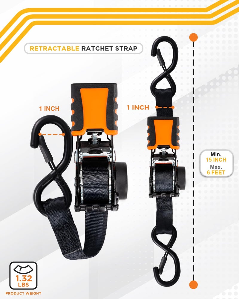 Strapinno حزمة 4 قطع من أشرطة السقاطة القابلة للسحب من Strapinno بطول 1 × 6 أقدام مع مقابض فولاذية مطلية بالمطاط وخطافات على شكل حرف S وأجهزة متينة للاستخدام اليومي مع قوة الكسر - 1500 رطل/680 كجم لكل منها - Image 3