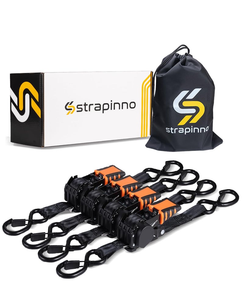 Strapinno حزمة 4 قطع من أشرطة السقاطة القابلة للسحب من Strapinno بطول 1 × 6 أقدام مع مقابض فولاذية مطلية بالمطاط وخطافات على شكل حرف S وأجهزة متينة للاستخدام اليومي مع قوة الكسر - 1500 رطل/680 كجم لكل منها - Image 1