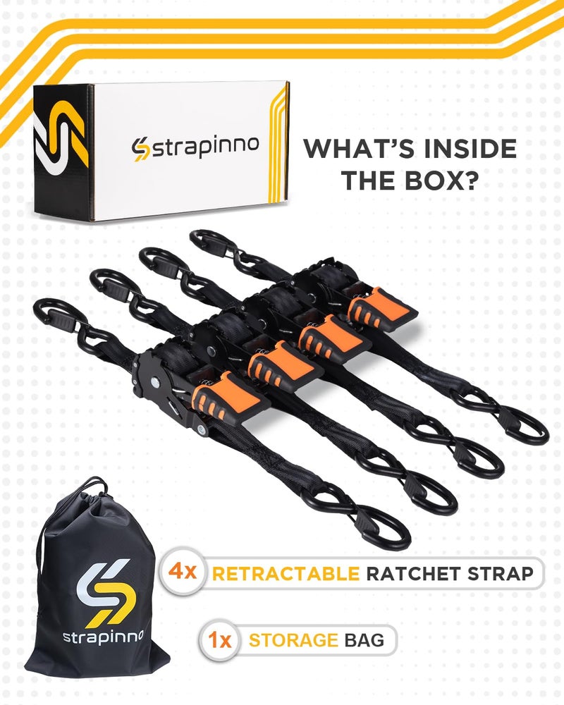 Strapinno حزمة 4 قطع من أشرطة السقاطة القابلة للسحب من Strapinno بطول 1 × 6 أقدام مع مقابض فولاذية مطلية بالمطاط وخطافات على شكل حرف S وأجهزة متينة للاستخدام اليومي مع قوة الكسر - 1500 رطل/680 كجم لكل منها - Image 2