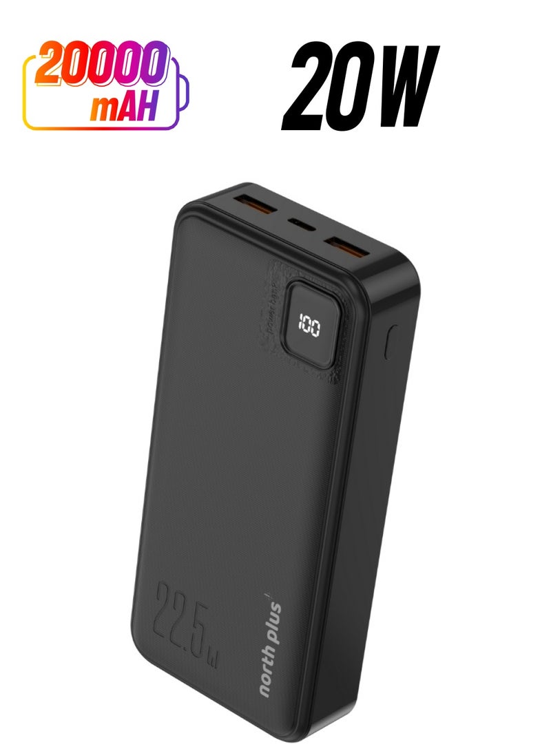 NorthPlus PowerMate D20 Fast Charging Power Bank – 20000mAh, PD20W & USB 22.5W, Dual USB Output, Type-C Input, Digital Display, Frosted Fireproof Build