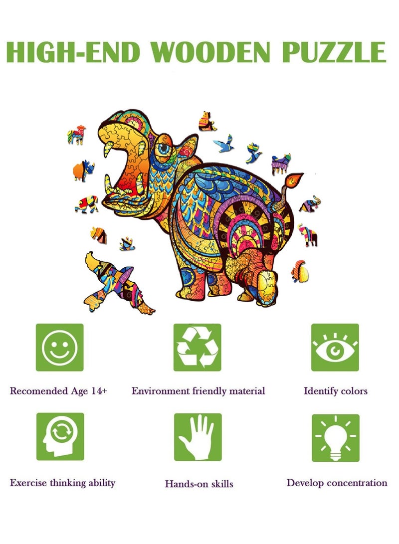Wooden Jigsaw Puzzles 3D Animals Shaped Best Gift for Adults and Kids DIY Puzzle Piece Colorful Unique Hippo Puzzles - Image 2