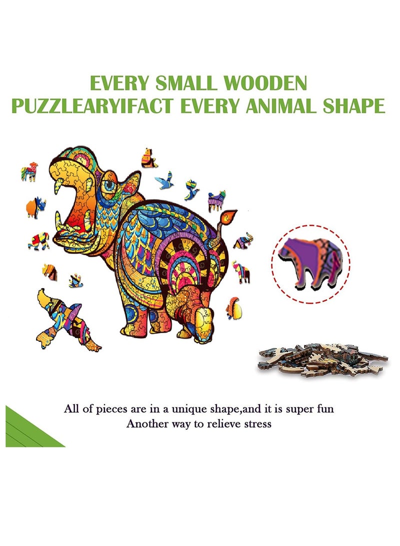 Wooden Jigsaw Puzzles 3D Animals Shaped Best Gift for Adults and Kids DIY Puzzle Piece Colorful Unique Hippo Puzzles - Image 3