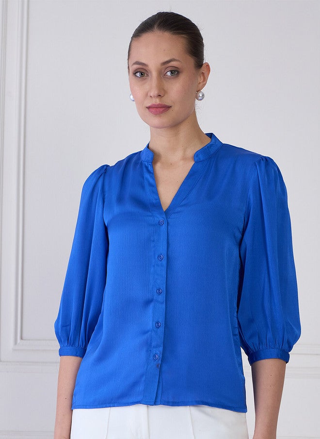 SALT ATTIRE Mandarin Collar Puff Sleeve Shirt Style Top - Image 1