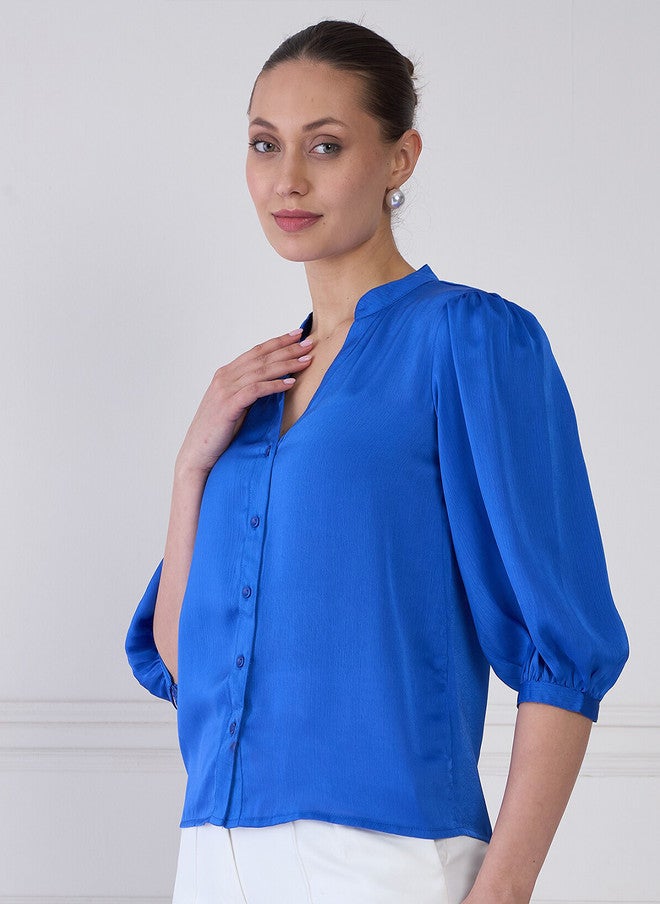 SALT ATTIRE Mandarin Collar Puff Sleeve Shirt Style Top - Image 3