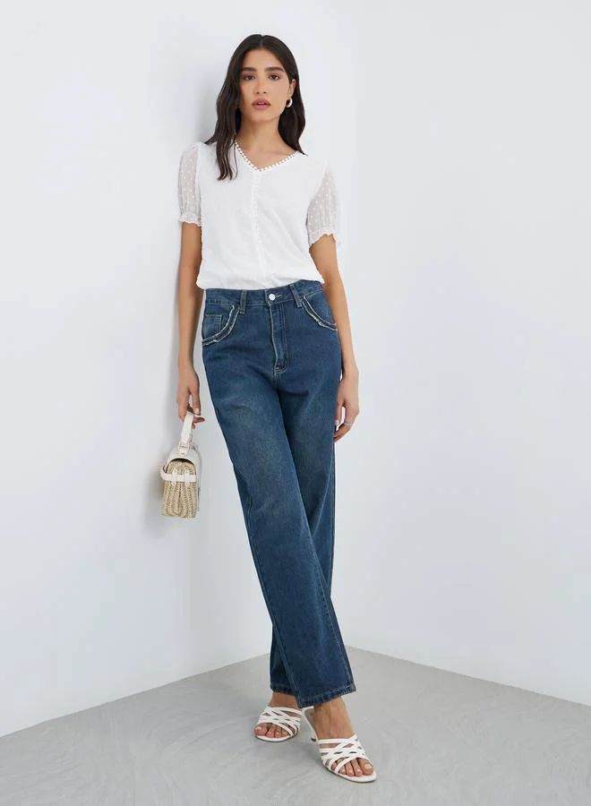 Take Two Take Two Textured V Neck Lace Trim Puff Sleeve Top