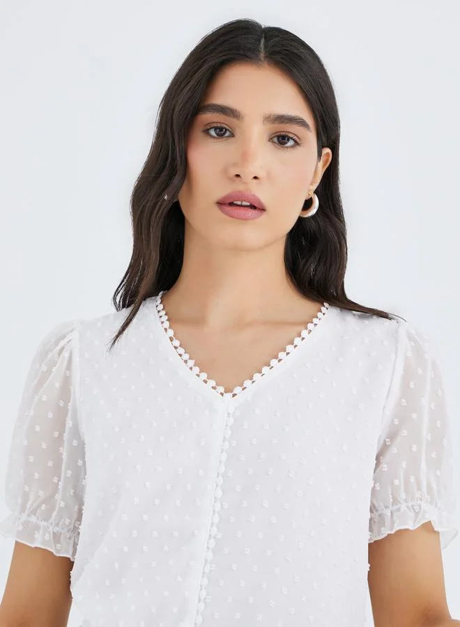 Take Two Take Two Textured V Neck Lace Trim Puff Sleeve Top