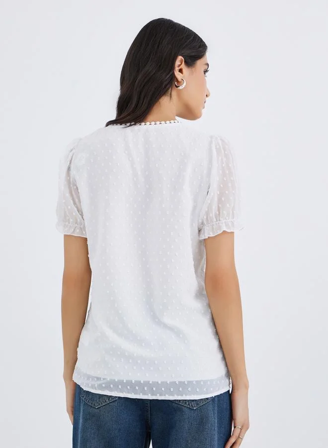 Take Two Take Two Textured V Neck Lace Trim Puff Sleeve Top