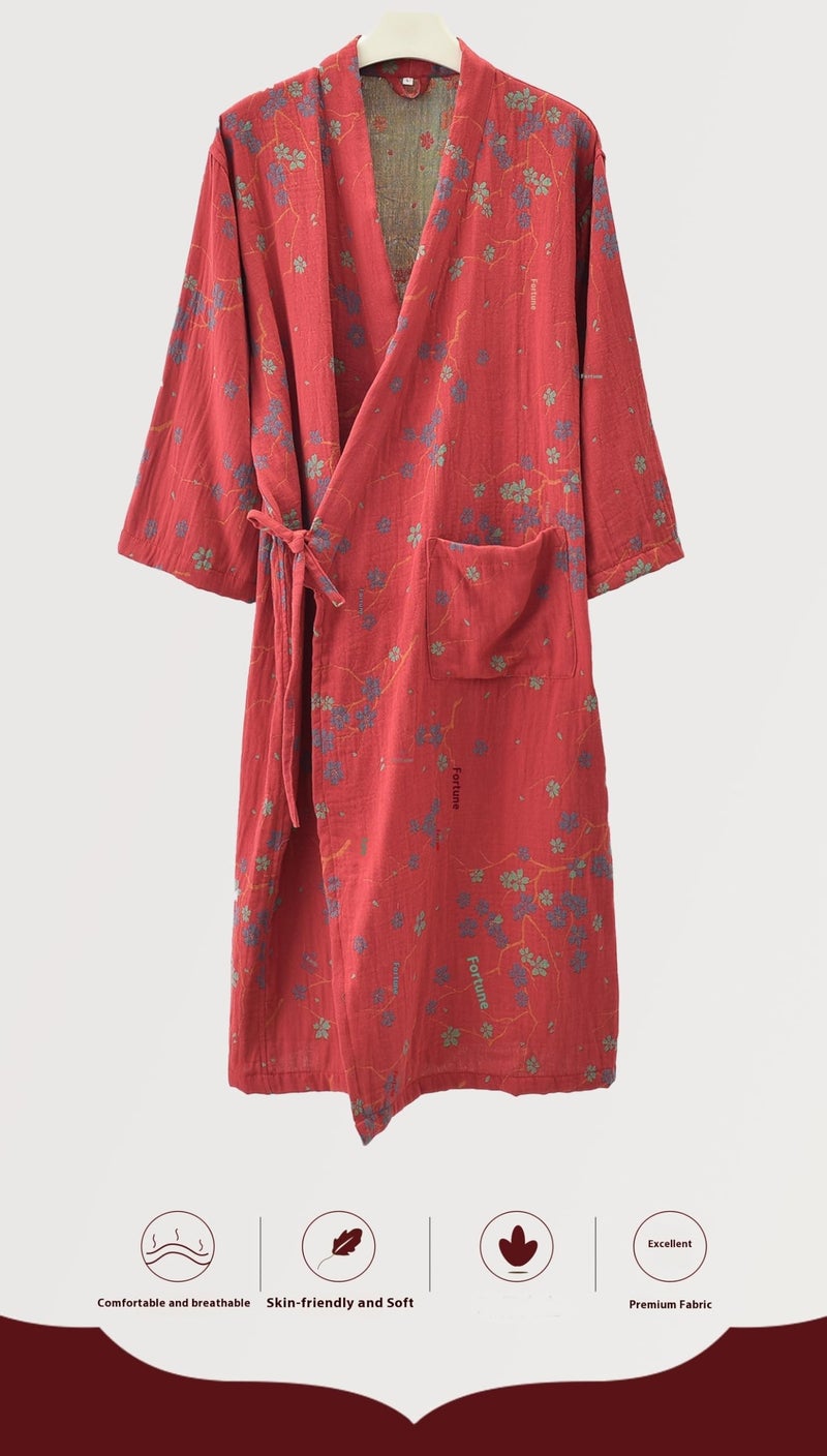 PEWRESLORS Soft Cotton Japanese Sleepwear Kimono Yukata Lightweight Bathrobe Nightgown Breathable Pajamas Women, L, Red - Image 2