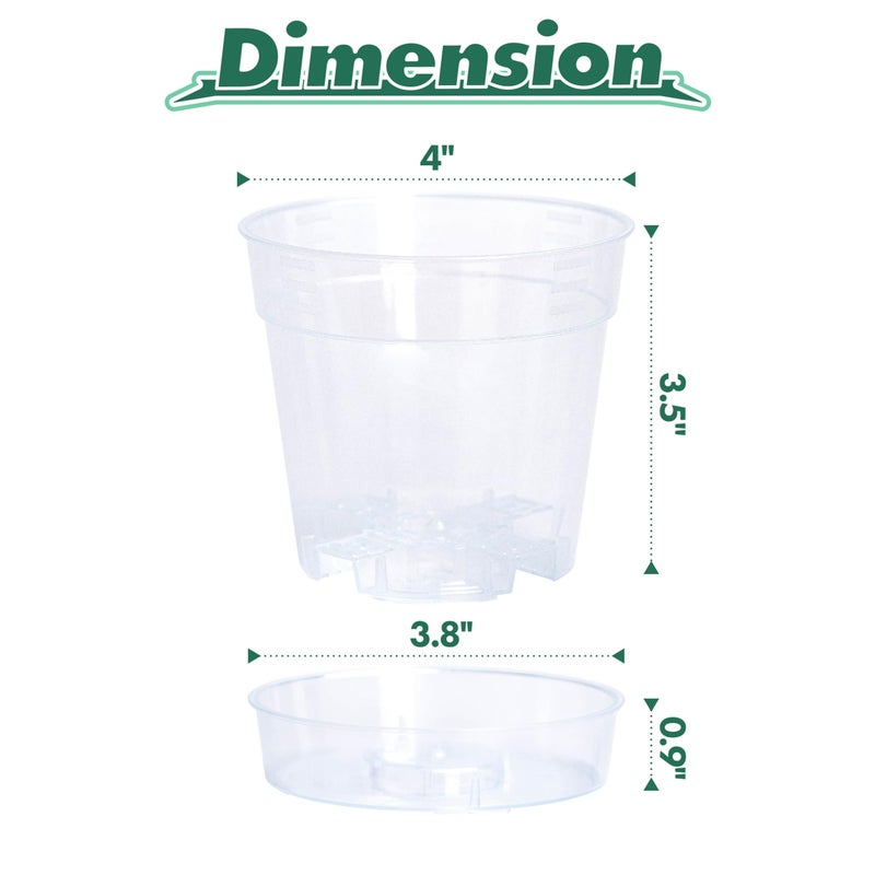 Phoenix Vine 4 Inch Clear Plastic Plant Pot with Drainage Holes, Interlocking & Detachable Tray - Deep Saucer - Durable BPA-Free Plastic, Transparent Design, Raised Base for Airflow, Set of 6, 92-X-A-2 - Image 4