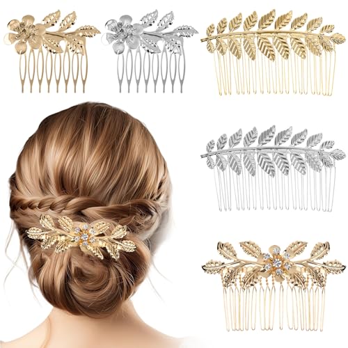 salbsever 5PCS Leaf Hair Combs for Women Accessories Gold Silver Rhinestone Hair Comb Clips with Teeth Combs for Wedding Metal Decorative French Twist Slide Comb for Bride Bridesmaid Christma Parties Prom Dance - Image 1