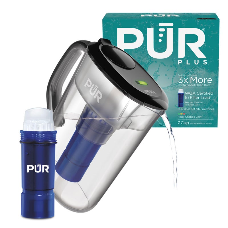 PUR Plus 7-Cup Water Filter Pitcher, Cleaner, Great-Tasting Water, Dishwasher Safe, Powerful, Lead-Reducing Filtration, LockFit Cap Design, Smoke - Image 1
