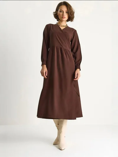 Bianco Lucci LUCCI Maxi Ruffle Drape Turtleneck Dress