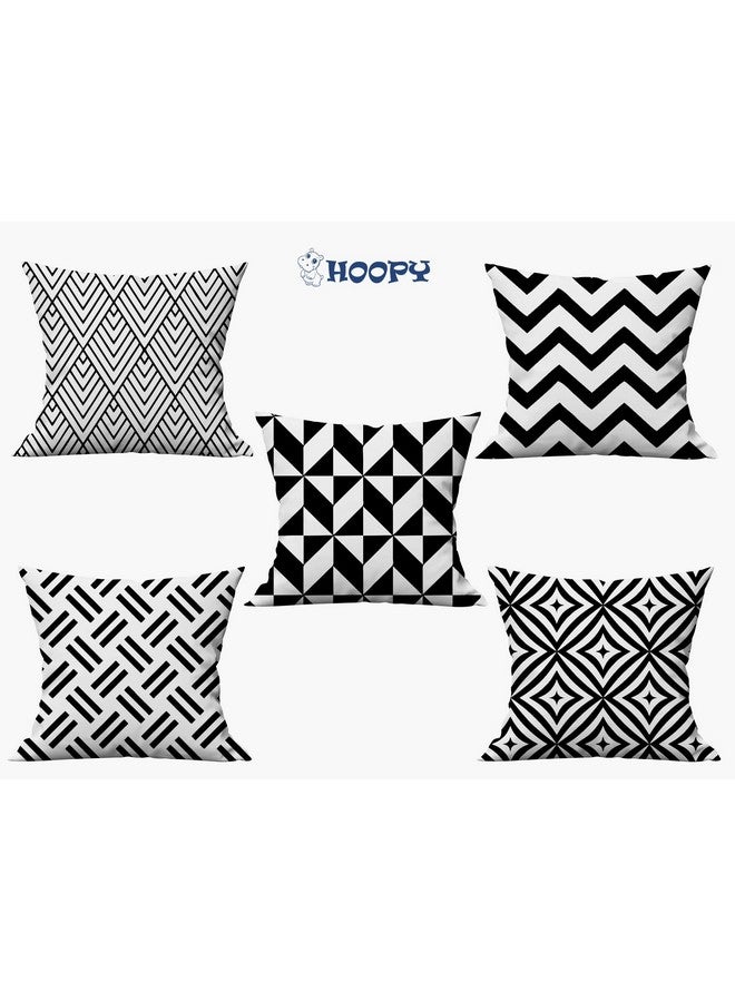 HOOPY Set of 5 Designer Decorative Throw Pillow/Cushion Covers (16 inch x 16 inch, Black Geometric Print) - Image 4