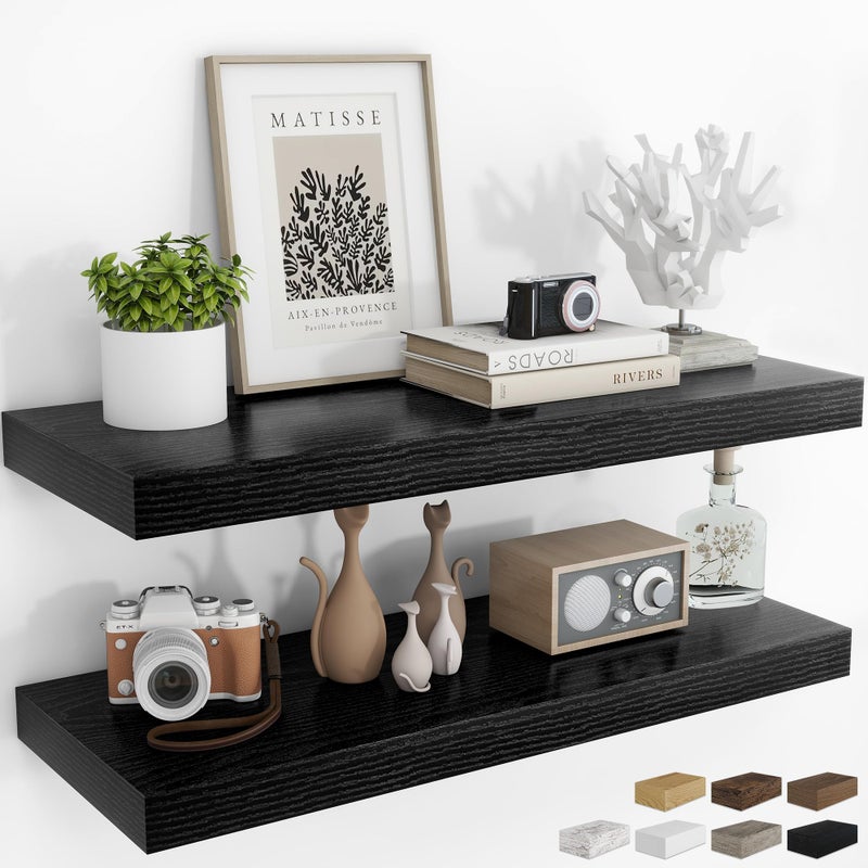 RICHFOCUS 36Inch Floating Shelves for Wall 2 Pack Shelves for Bedroom|Kitchen|Bathroom Wall Mounted Rustic Wood Floating Shelf with Invisible Brackets for Books|Storage|Decor, Black - Image 1