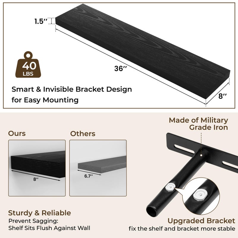 RICHFOCUS 36Inch Floating Shelves for Wall 2 Pack Shelves for Bedroom|Kitchen|Bathroom Wall Mounted Rustic Wood Floating Shelf with Invisible Brackets for Books|Storage|Decor, Black - Image 4