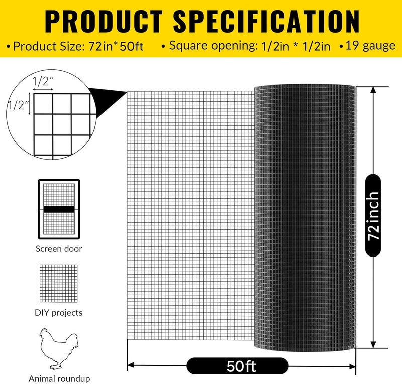 DWALE Hardware Cloth 1/2 inch 72 x 50 ft Heavy Duty Black Chicken Wire Fencing 19 Gauge Vinyl Coated Welded Wire Mesh Roll PVC Hardware Cloth Chicken Wire Fencing Garden Fence Tree Guard - Image 2