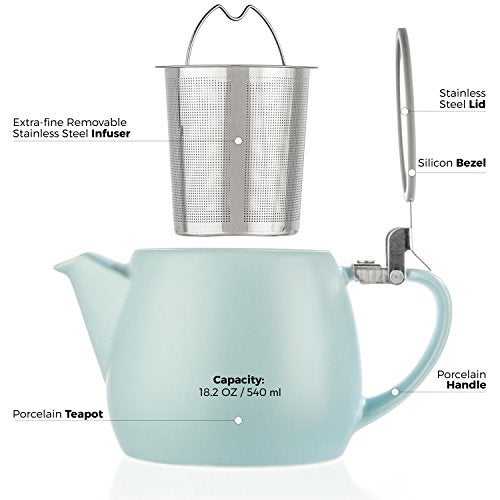 Tealyra - Pluto Porcelain Small Teapot Turquoise - 18.2-ounce (1-2 cups) - Matte Finish - Stainless Steel Lid and Extra-Fine Infuser To Brew Loose Leaf Tea - 540ml - Image 4