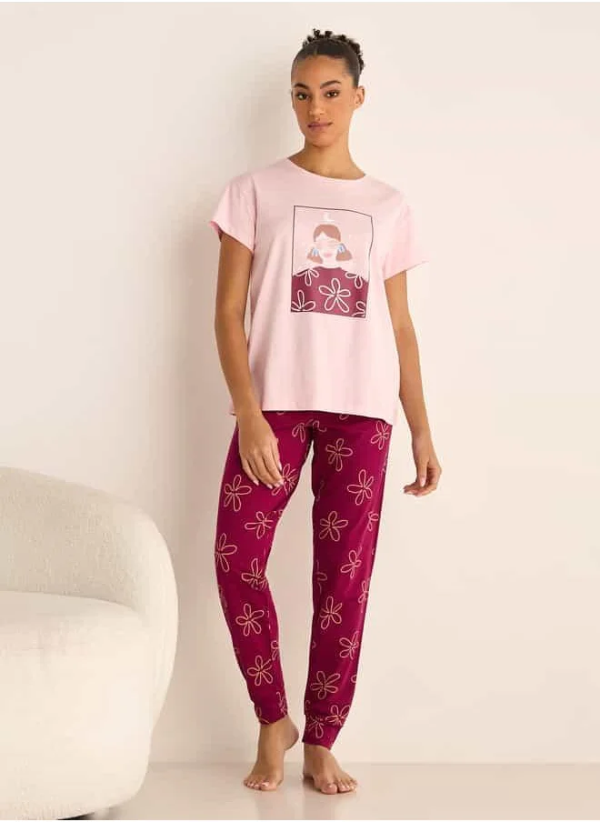 فاف Floral Print Short Sleeves T-shirt and Pyjama Set