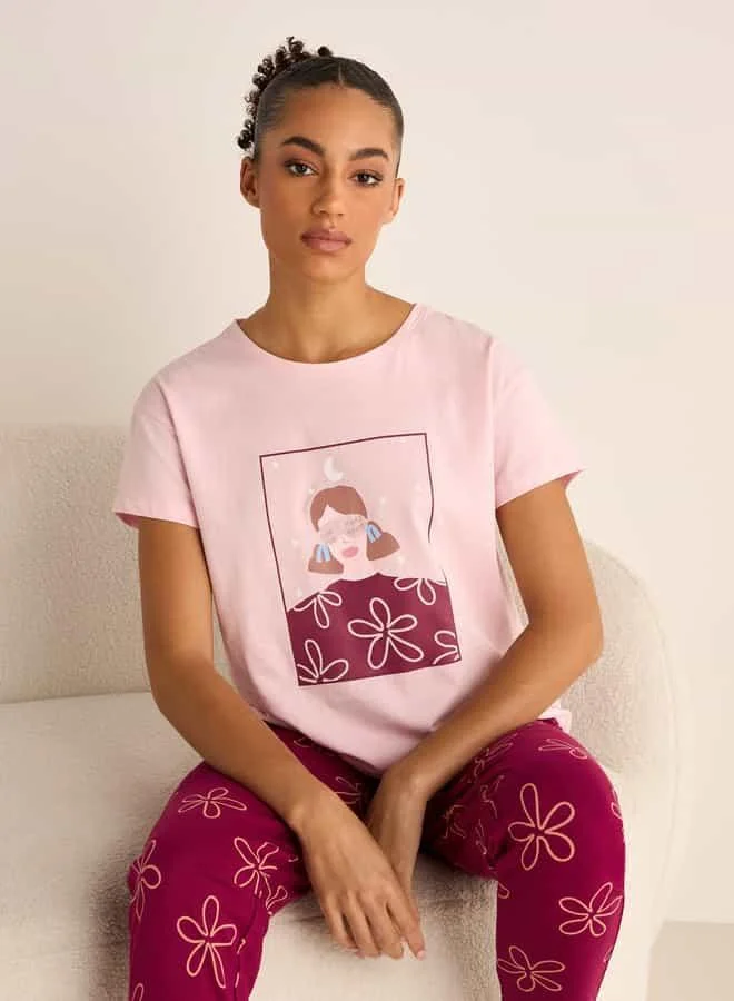 فاف Floral Print Short Sleeves T-shirt and Pyjama Set