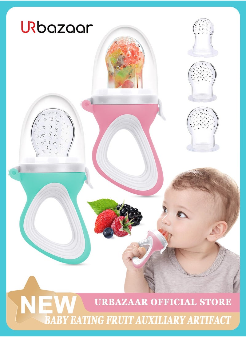 URbazaar 2-Piece Baby Fresh Food Feeder with 3 Sizes Silicone Pouches, Fruit Teether Pacifiers in Appetite Stimulating Colors  - Image 1